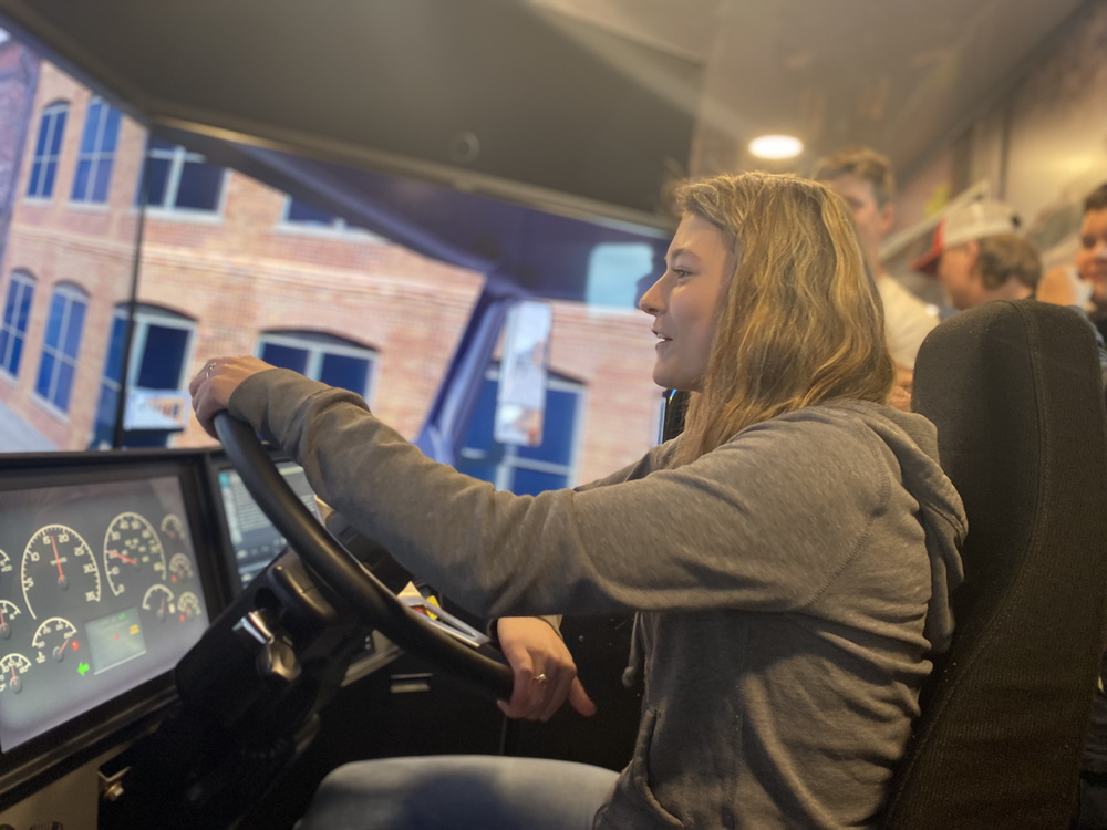 Student inside the truck simulator