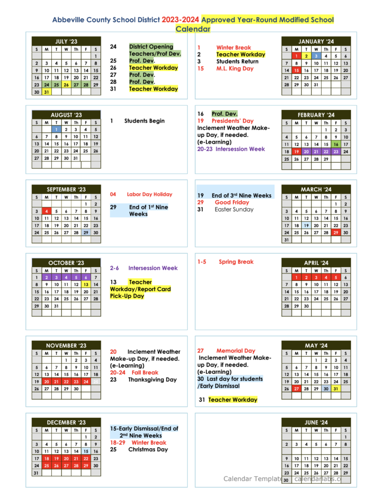 ACSD 23 24 Year Round Modified Calendar Abbeville County School District