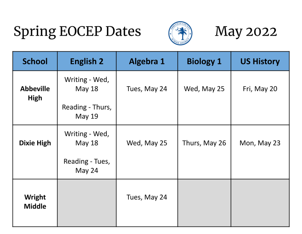 End of Course Testing Dates Abbeville County School District