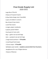 1st Grade Supply List