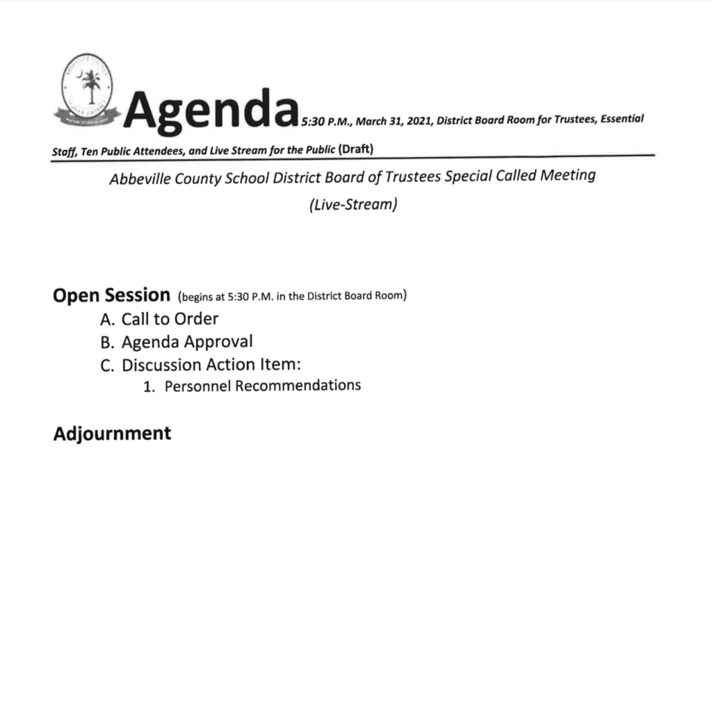 march 31st special called meeting agenda