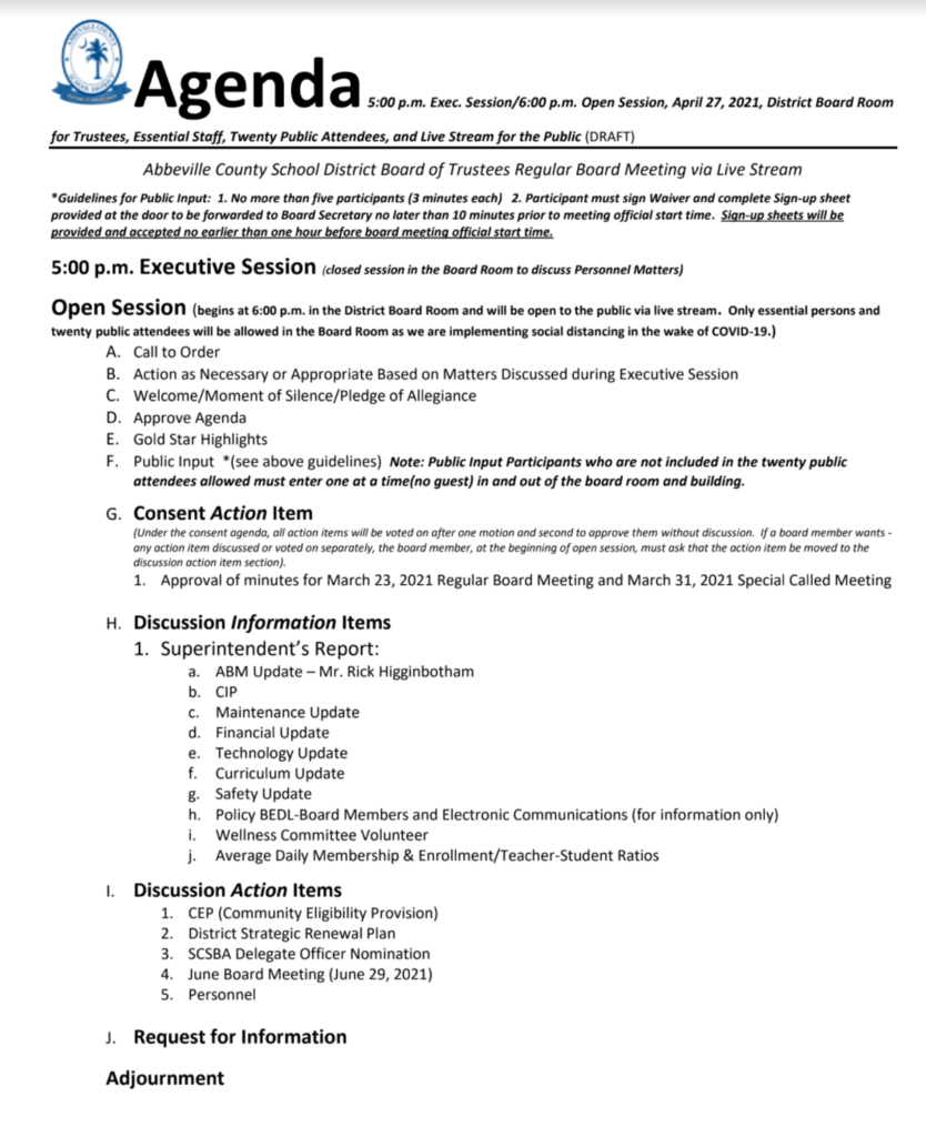 April 27th agenda