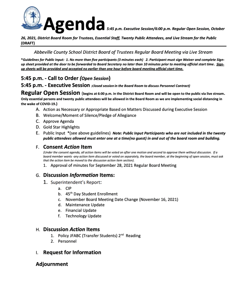 October 26 agenda