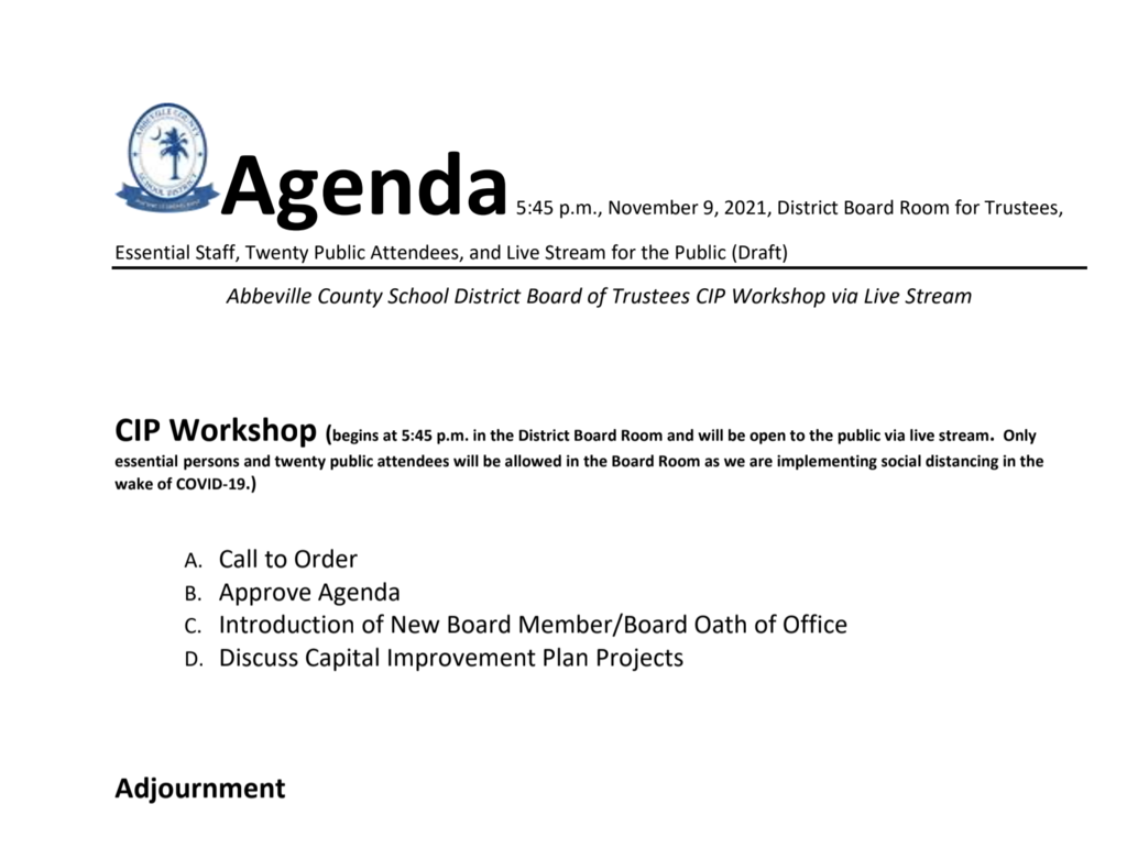 November 9 agenda