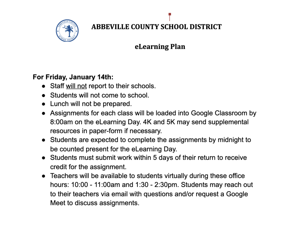 eLearning Plan for 1/14/22