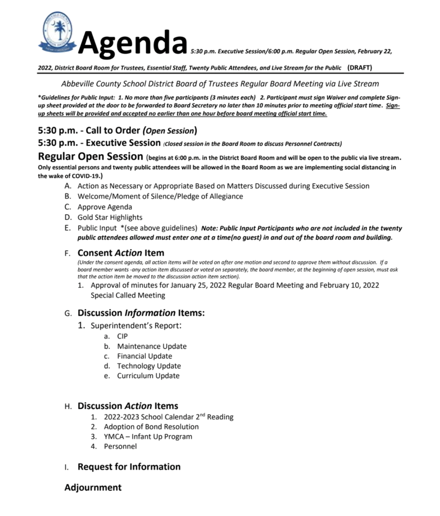 february 22nd agenda