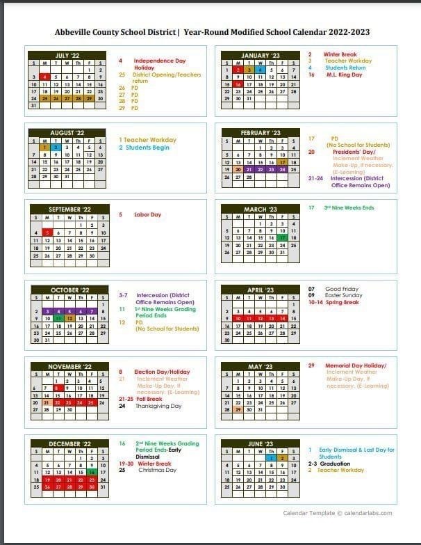 Abbeville County School District | Year-Round Modified School Calendar 2022-2023