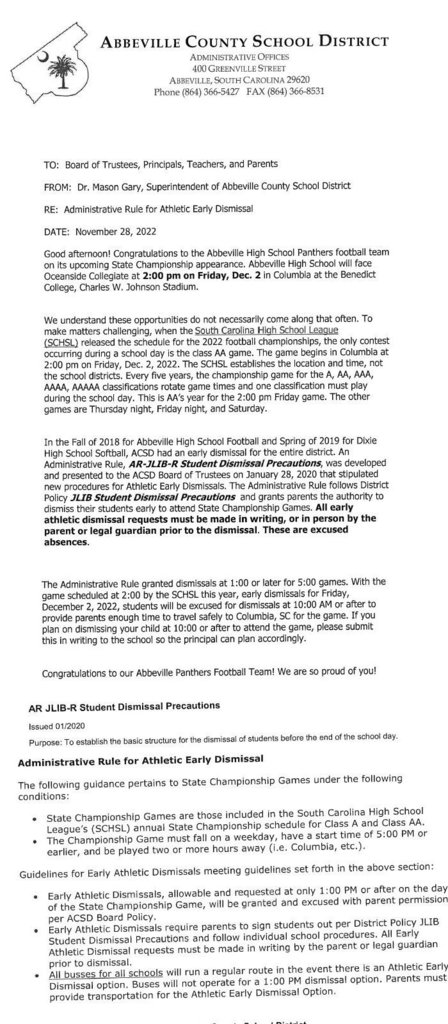 Athletic Events Early Dismissal Guidance Memo