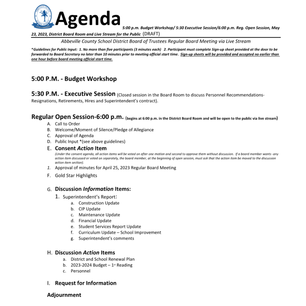 May 23 agenda