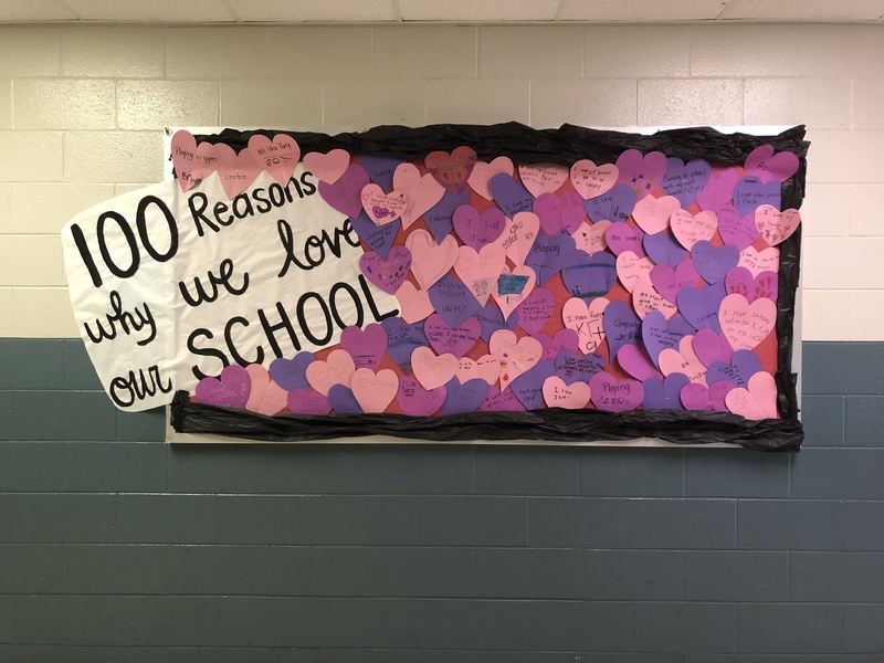 Bulletin Board with messages for 100 reasons why we love our school